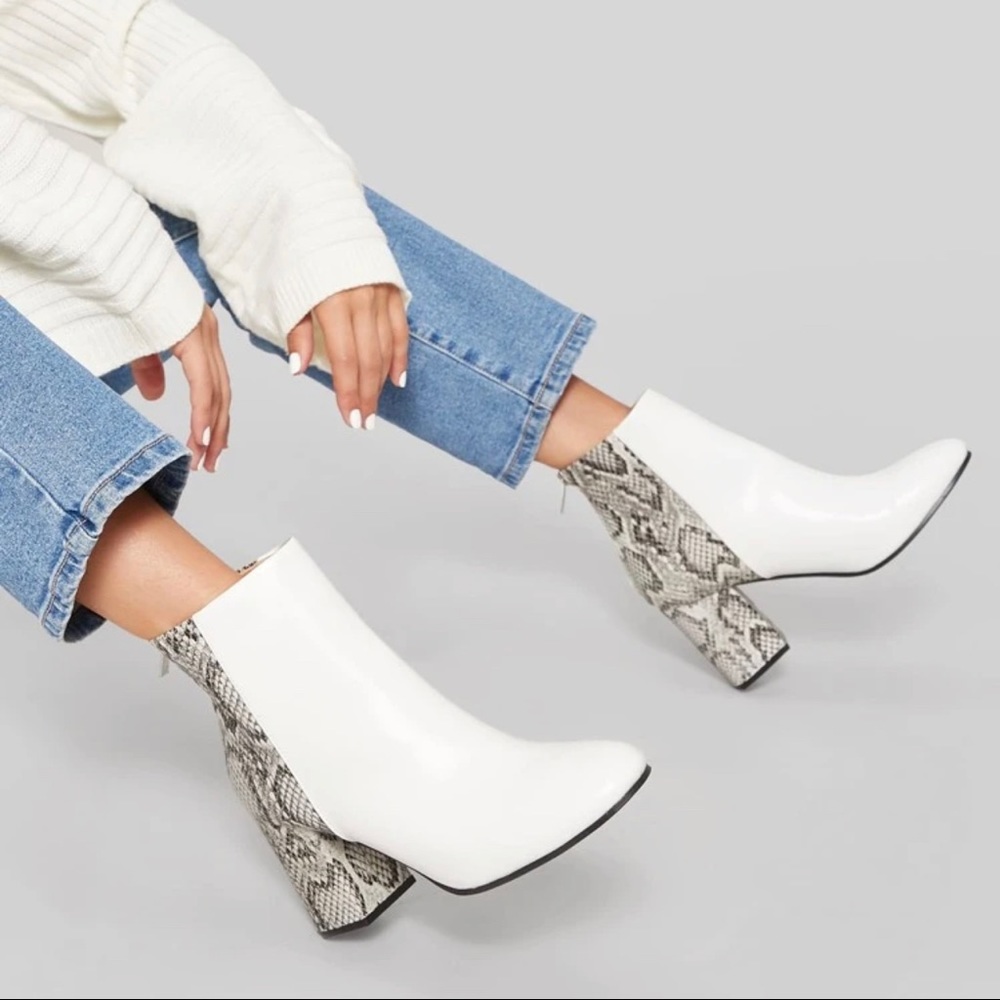 NWOT White Snakeskin Block Heel Booties